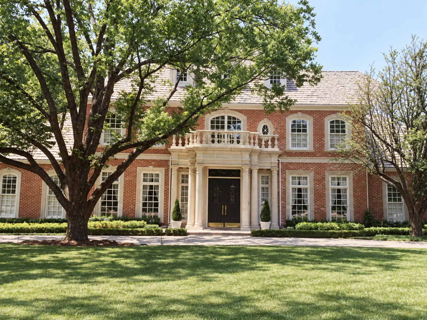 An archival photograph of a red-brick home with a curved, columned entrance beneath mature shade trees