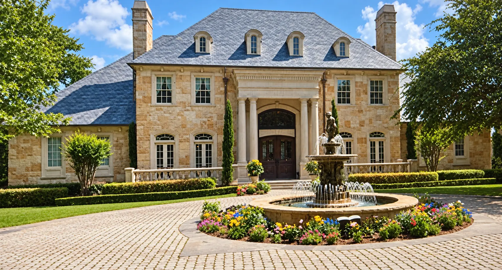 Classical stone residence approached through a fountain courtyard