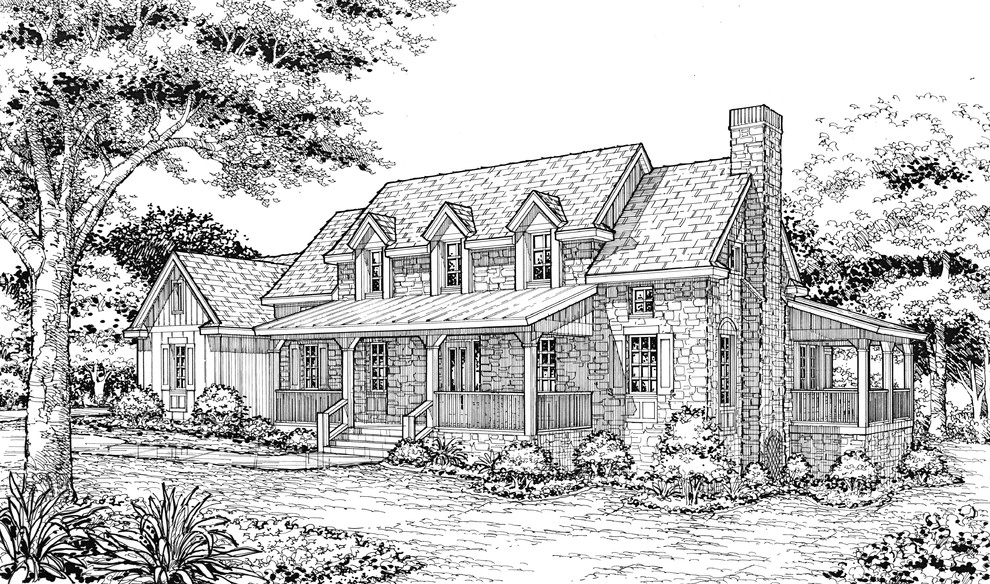 Architectural ink drawing of a country home with a deep porch