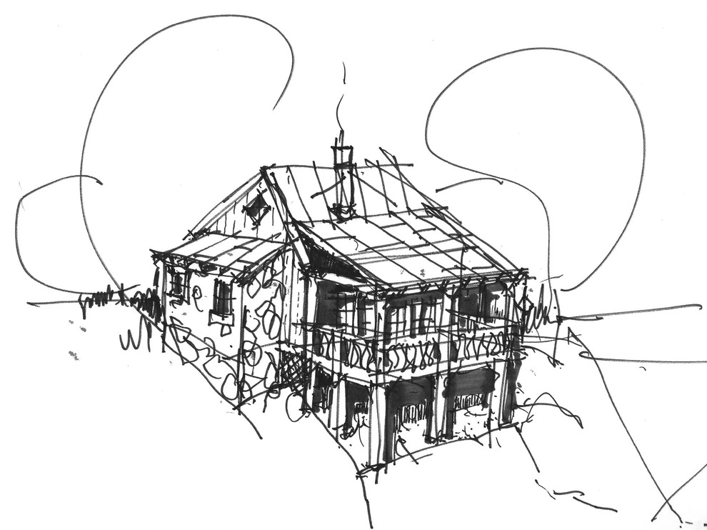 Loose ink perspective sketch of a cabin with an elevated porch