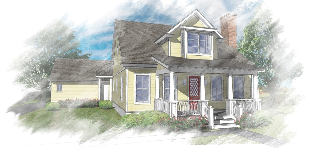 Color study of a yellow cottage with a front porch