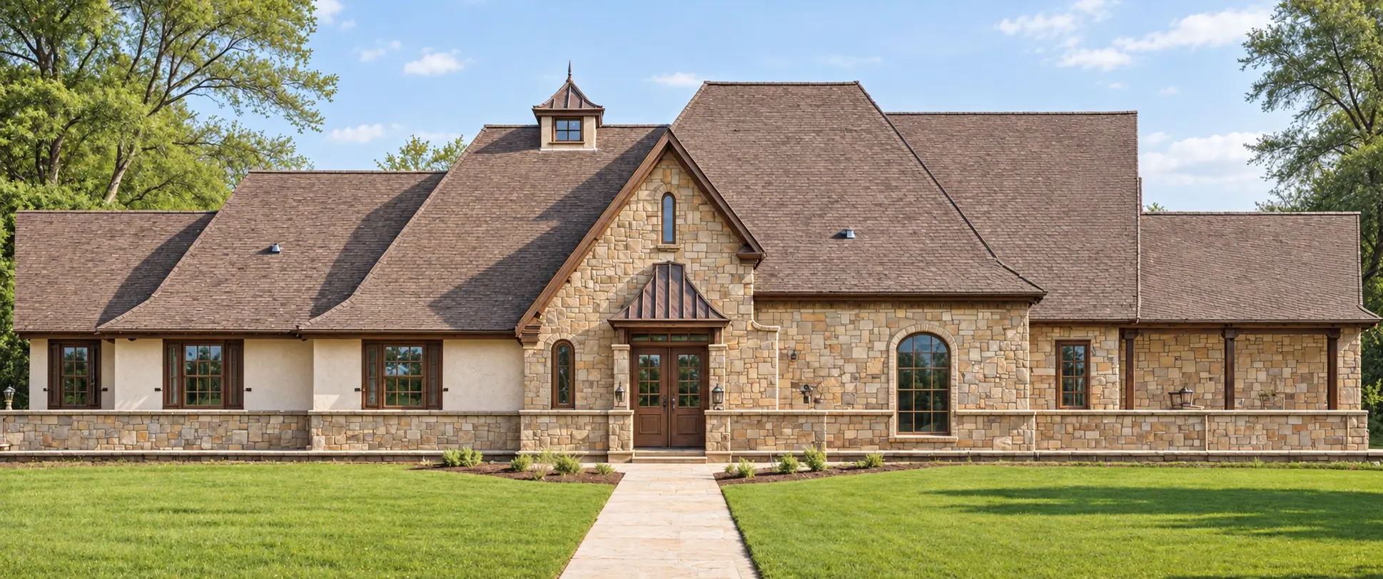 Stone country home design with broad gables and a low terrace wall